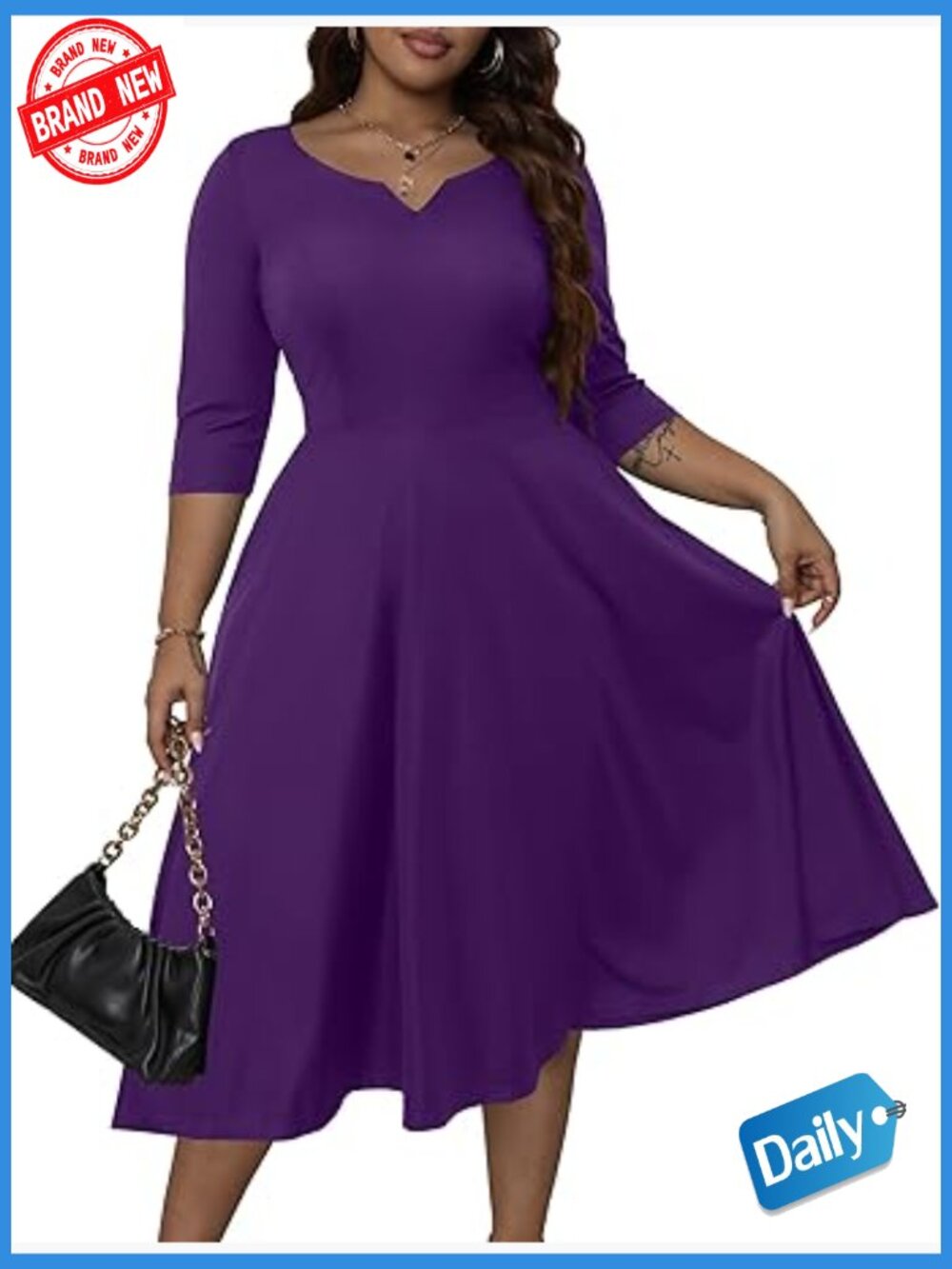 Plus Size Fit and Flare A-Line Swing Dress 3/4 Sleeve Midi Church Wedding